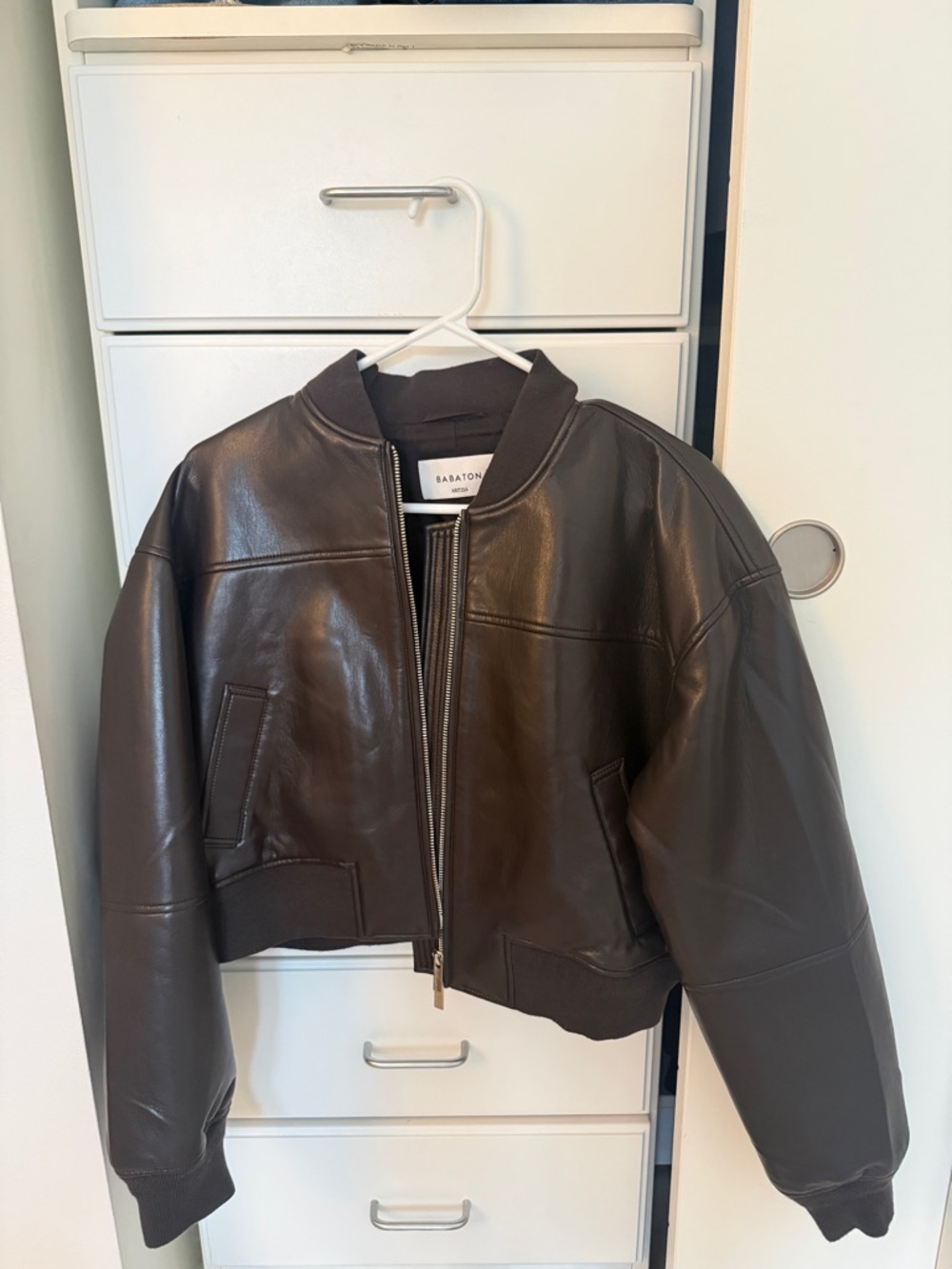 Babaton Chocolate Brown Leather Bomber Jacket